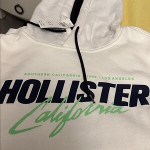Hollister White Hoodie with Navy and Lime Accents